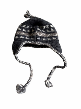 Everest Designs Nepal Wool Earflap Hat Adult Black Gray Braided Tassel Pom